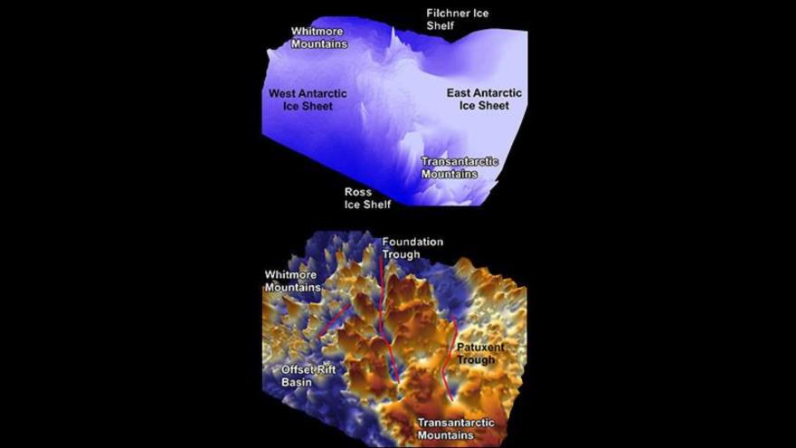 Una imagen tridimensional de los tres grandes cañones descubiertos bajo el hielo del Polo Sur.