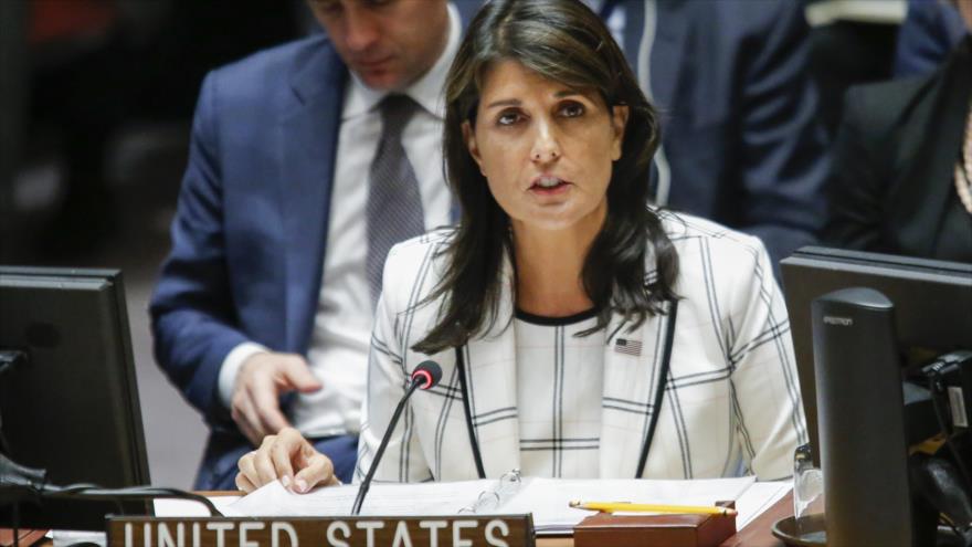 La embajadora de Estados Unidos ante las Naciones Unidas, Nikki Haley, durante una sesión del Consejo de Seguridad, 30 de mayo de 2018.