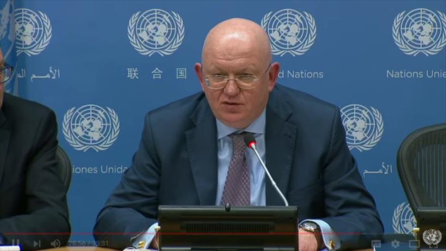 El embajador de Rusia ante la ONU, Vasili Nebenzia, durante una rueda de prensa, 1 de junio de 2018.