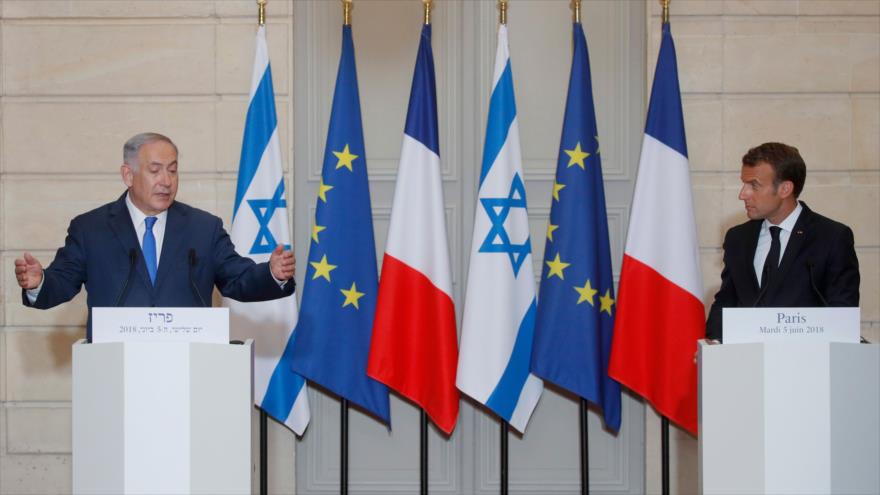 El presidente francés, Emmanuel Macron, (dcha.), y el primer ministro israelí, Benjamín Netanyahu, en una conferencia de prensa, París, 5 de junio de 2018.