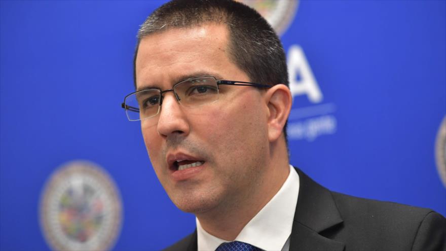 El canciller de Venezuela, Jorge Arreaza, durante una rueda de prensa en la sede de la OEA en Washington, 6 de junio de 2018.