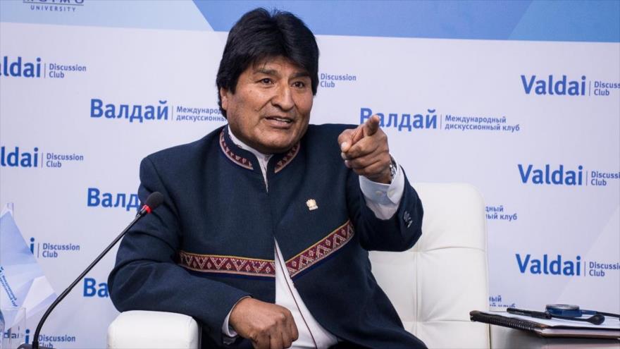 El presidente de Bolivia, Evo Morales, durante su presencia en una rueda de prensa celebrada en Moscú, capital de Rusia, 13 de junio de 2018.