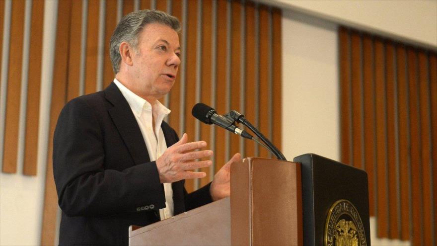 El presidente colombiano, Juan Manuel Santos, habla en un acto oficial en la región de Tolima, 16 de junio de 2018.