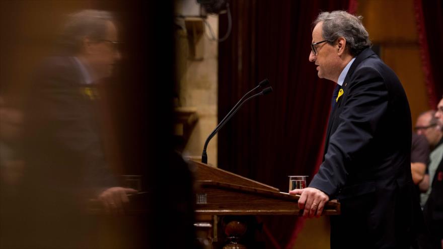 El presidente autonómico de Cataluña (noreste de España), Joaquim ‘Quim’ Torra, da un discurso en el Parlamento regional, 6 de junio de 2018.