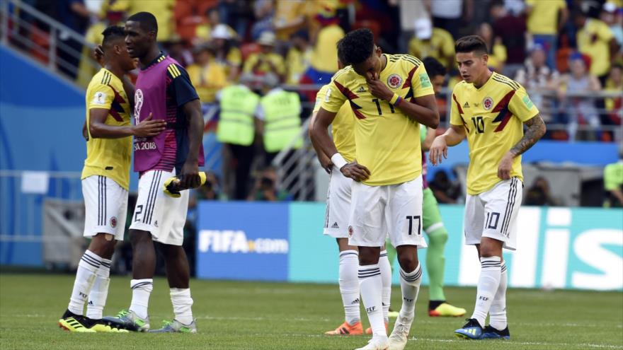 Los jugadores de Colombia reaccionan tras su derrota ante Japón en el Mundial de Fútbol Rusia 2018, 19 de junio de 2018.