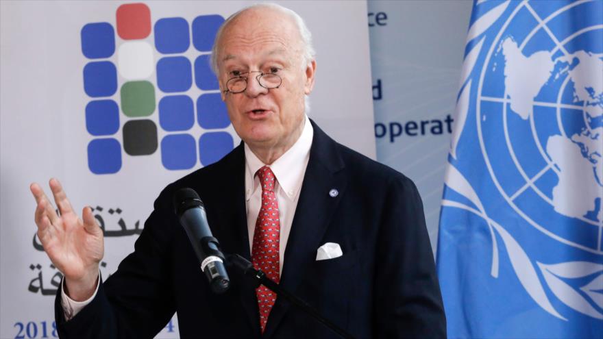 El enviado especial de la ONU para Siria, Staffan de Mistura, en una rueda de prensa en Bruselas (Bélgica), 24 de abril de 2018.