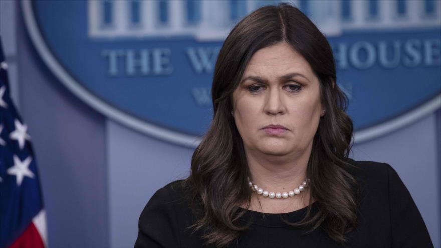 La portavoz de la Casa Blanca, Sarah Sanders, habla en una rueda de prensa en Washington, 14 de junio de 2018.