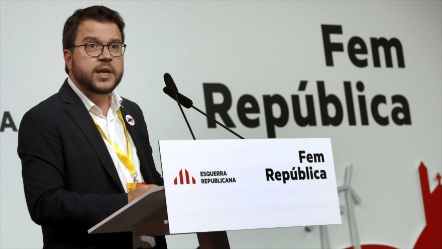 El vicepresidente de la Generalitat catalana, Pere Aragonès, en la conferencia general de Esquerra Republicana de Catalunya, 1 de julio de 2018.