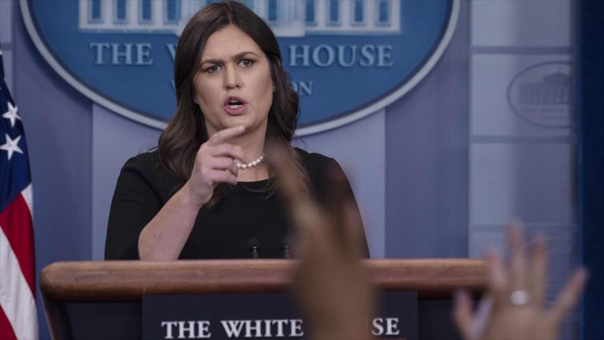 La portavoz de la Casa Blanca, Sarah Sanders, en conferencia de prensa, Washington, 14 junio de 2018.