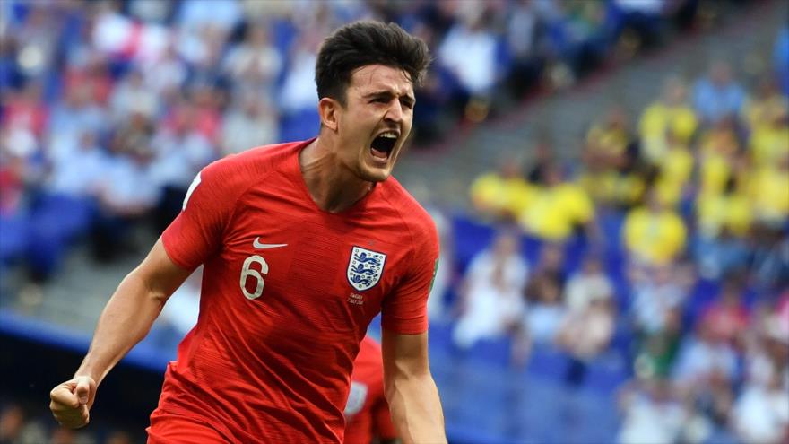 Harry Maguire, de la selección de Inglaterra, celebra un gol contra Suecia en los cuartos de final de la Copa del Mundo de Rusia, 7 de julio de 2018. Fuente: AFP