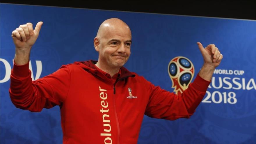 El presidente de FIFA, Gianni Infantino, durante una rueda de prensa en el Estadio de Luzhniki, en Moscú (la capital rusa), 13 de julio de 2018.