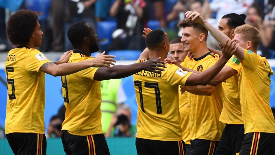 Los jugadores de Bélgica celebran después de anotar gol a Inglaterra durante el Mundial Rusia, San Petersburgo, 14 de julio de 2018. Fuente AFP.