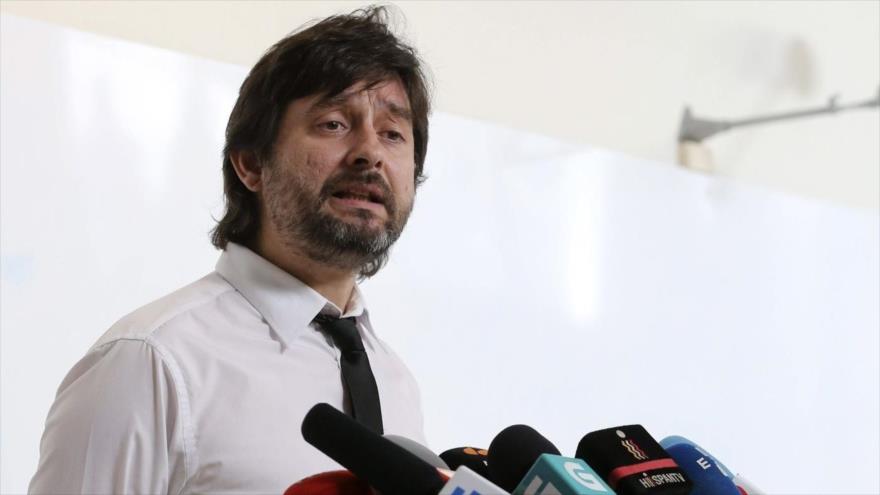 El responsable de Sociedad Civil de Podemos, Rafael Mayoral, en una rueda de prensa.