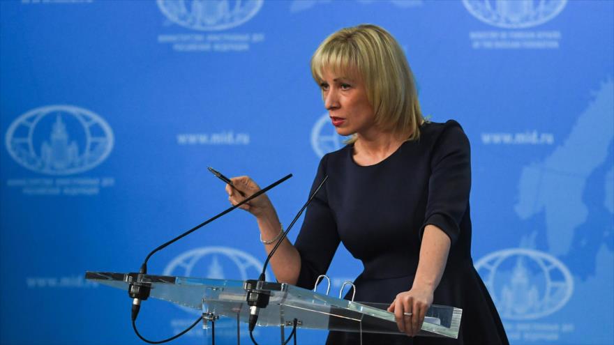 La portavoz del Ministerio de Exteriores ruso, María Zajárova, ofrece una rueda de conferencia, 29 de marzo de 2018.