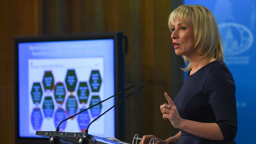 La portavoz del Ministerio de Exteriores ruso, Maria Zajarova, durante una intervención en Moscú, capital rusa, 29 de marzo de 2018.