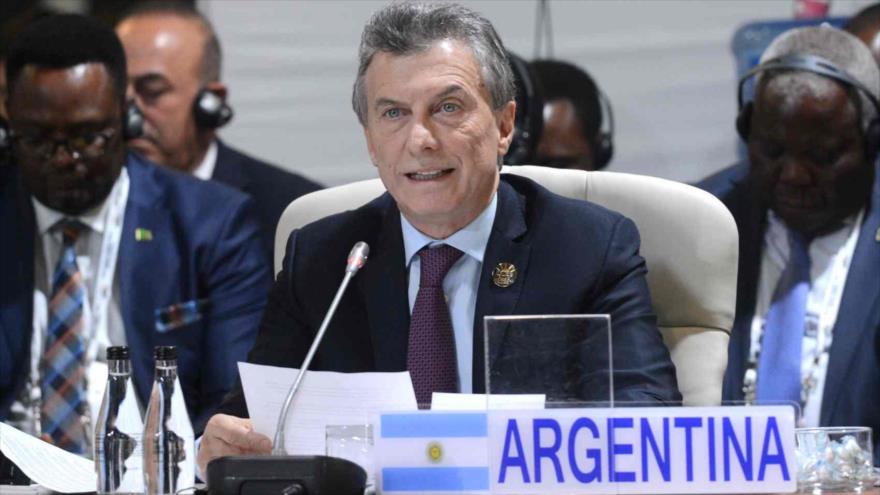 El presidente argentino, Mauricio Macri, pronuncia un discurso ante los BRICS, 27 de julio de 2018.