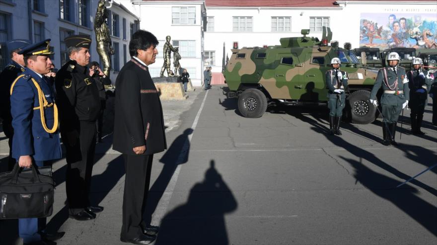 Evo Morales, presidente de Bolivia, en la ceremonia de la entrega de equipo militar chino al Ejército boliviano, La Paz, 30 de julio de 2018.