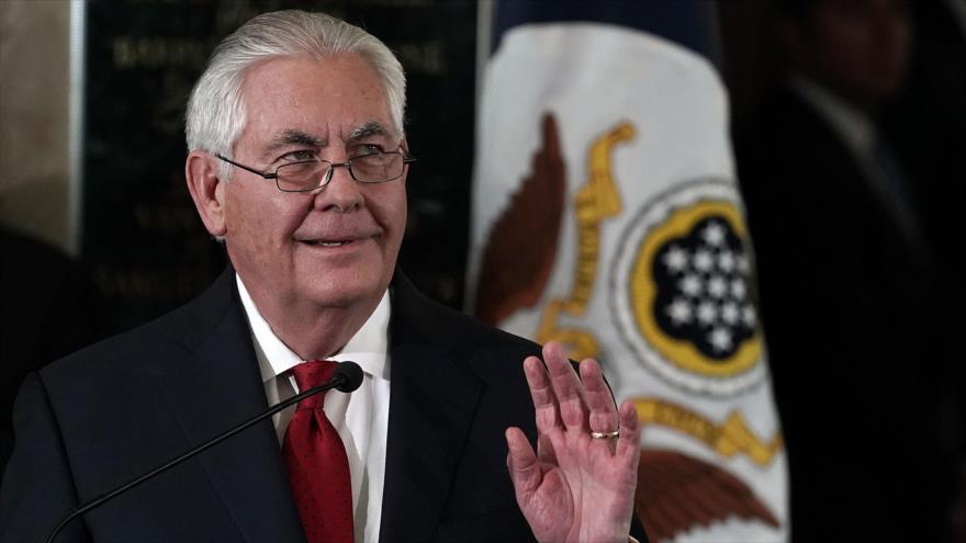El exsecretario de Estado de EE.UU. Rex Tillerson, durante sus comentarios de despedida a los empleados del Departamento de Estado, marzo de 2018.