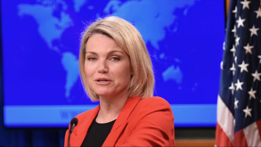 La portavoz del Departamento de Estado de EE.UU., Heather Nauert, durante una rueda de prensa, 29 mayo de 2018. Foto: AFP