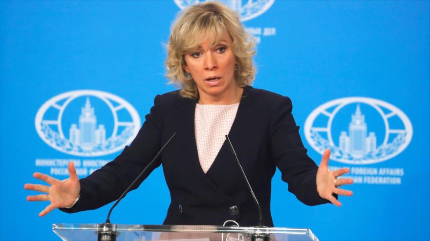 La portavoz del Ministerio de Asuntos Exteriores de Rusia, María Zajarova, durante una rueda de prensa en Moscú (la capital).
