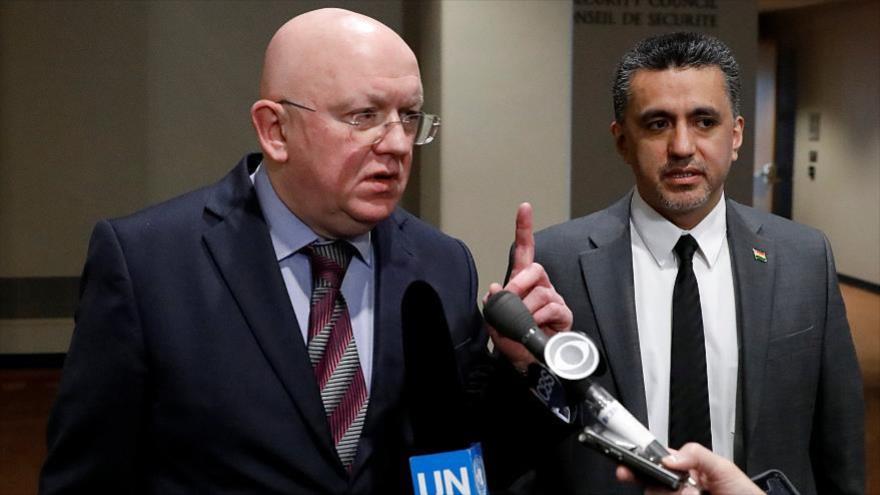 El embajador de Rusia ante la Organización de las Naciones Unidas (ONU), Vassily Nebenzia, ofrece una rueda de prensa.