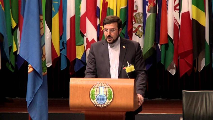 Kazem Qaribabadi, representante permanente de Irán ante las organizaciones internacionales asentadas en Viena (Austria) habla en una sesión de la OPAQ.