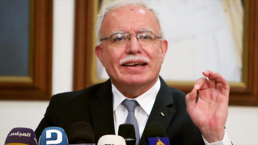 El canciller palestino, Riad al-Maliki, ofrece una conferencia de prensa, 5 de junio de 2018.