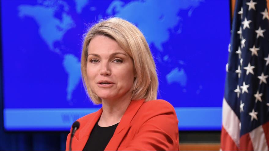 La portavoz del Departamento de Estado de EE.UU., Heather Nauert, durante una conferencia de prensa en Washington, 29 de mayo de 2018. (Foto: AFP)