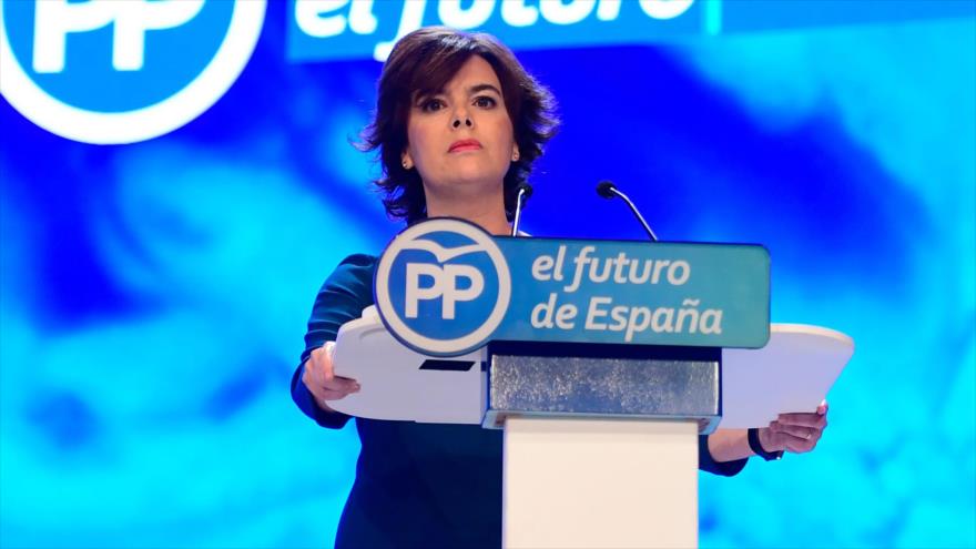 Soraya Sáenz de Santamaría, dando un discurso en una reunión del Partido Popular (PP), en Madrid, España, 21 de julio de 2018.