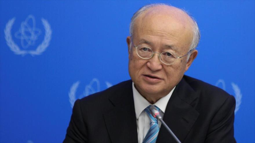 El jefe de la Agencia Internacional de Energía Atómica (AIEA), Yukiya Amano, en una conferencia de prensa en Astaná (capital kazaja).