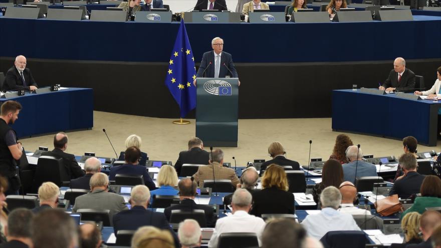 El presidente de la Comisión Europea (CE), Jean-Claude Juncker, da un discurso sobre el Estado de Nación ante la Eurocámara, 12 de septiembre de 2018.