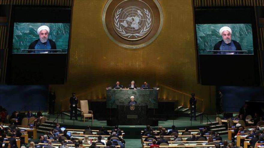 El presidente de Irán, Hasan Rohani, habla en la Asamblea General de las Naciones Unidas (AGNU), 20 de septiembre de 2017.