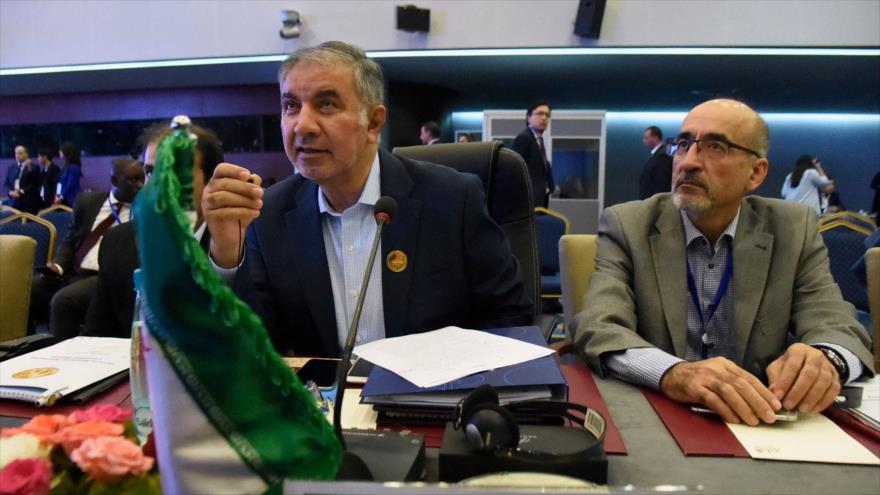 El representante de Irán ante la OPEP, Hosein Kazempur Ardebili (izda.), en una reunión del organismo en Argel, 23 de septiembre de 2018. (Foto: AFP)