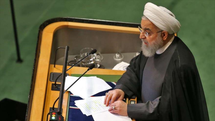 El presidente de Irán, Hasan Rohani, habla en el 73.º periodo de sesiones de la AGNU. 25 de septiembre de 2018 (Foto: AFP).