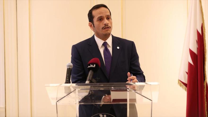 El canciller catarí, Muhamad bin Abdulrahman Al Thani, en una conferencia de prensa en Nueva York, 28 de septiembre de 2018.