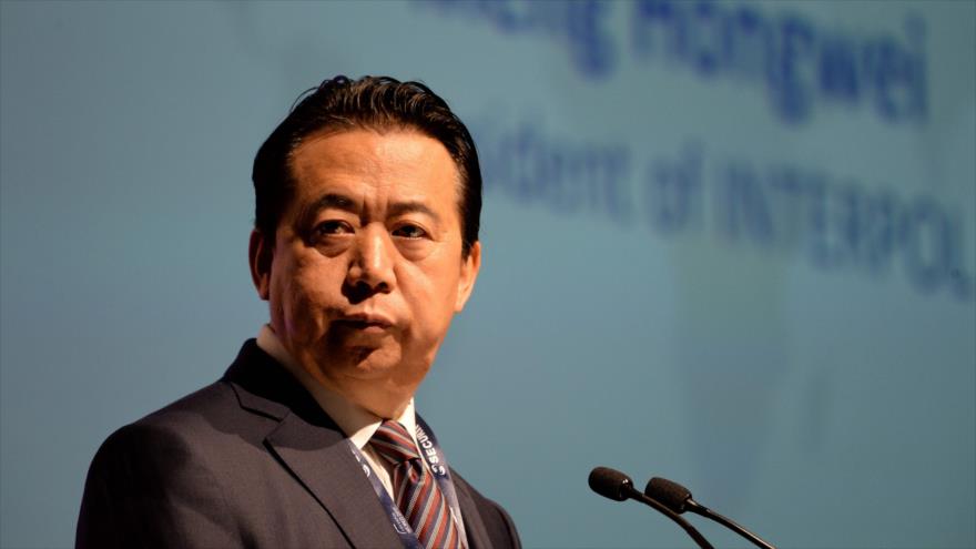 El president desaparecido de Interpol, Meng Hongwei, ofrece un discurso en Singapur, 4 de julio de 2017, (Foto: AFP).