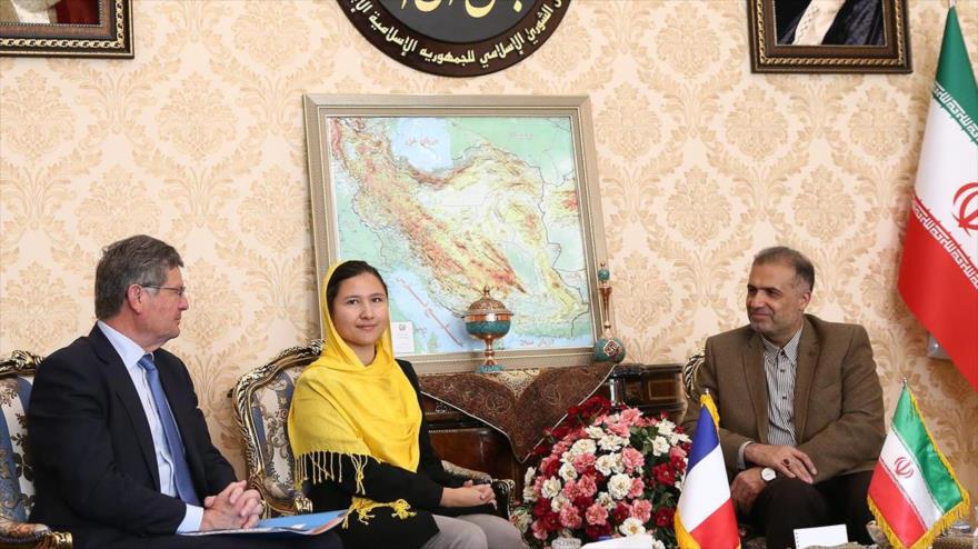 El senador francés Philippe Bonnecarrere (izd.), reunido en Teherán con el presidente del Centro de Investigación parlamentaria de Irán, Kazem Yalali.
