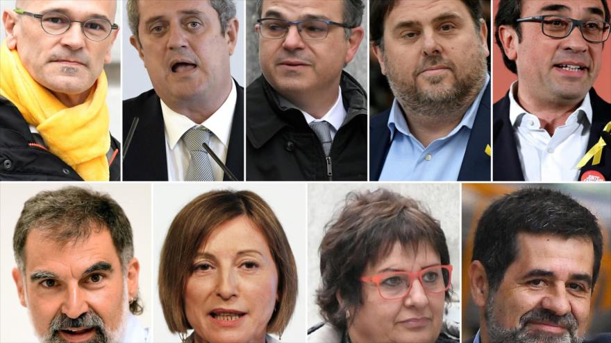 Líderes encarcelados separatistas de Cataluña: (De izda. a dcha.) Romeva, Forn, Turull, Junqueras, Rull, Cuixart, Forcadell, Bassa y Sánchez. (Foto: AFP)