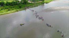 Caravana de migrantes cruza río Suchiate, entre Guatemala y México