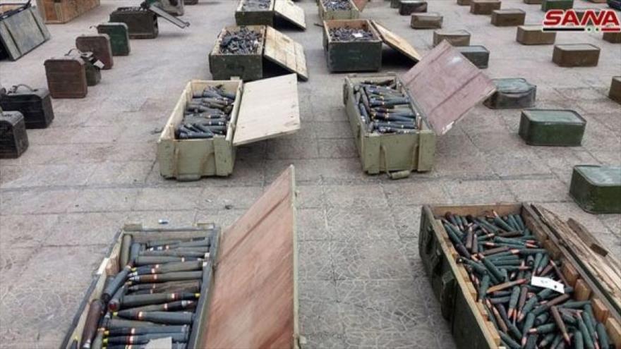 Armas incautadas por el Ejército sirio en la provincia suroccidental de Al-Quneitra y Damasco (capital), 5 de noviembre de 2018. (Foto: SANA)