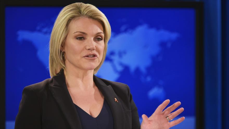 La portavoz del Departamento de Estado de EE.UU., Heather Nauert, en una rueda de prensa en Washington. 1 de noviembre de 2018. (Foto: AFP)