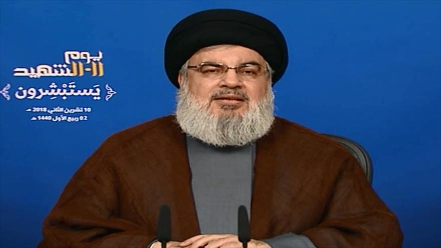 El líder del Movimiento de Resistencia Islámica de El Líbano (Hezbolá), Seyed Hasan Nasralá, ofrece un discurso televisado, 10 de noviembre de 2018.