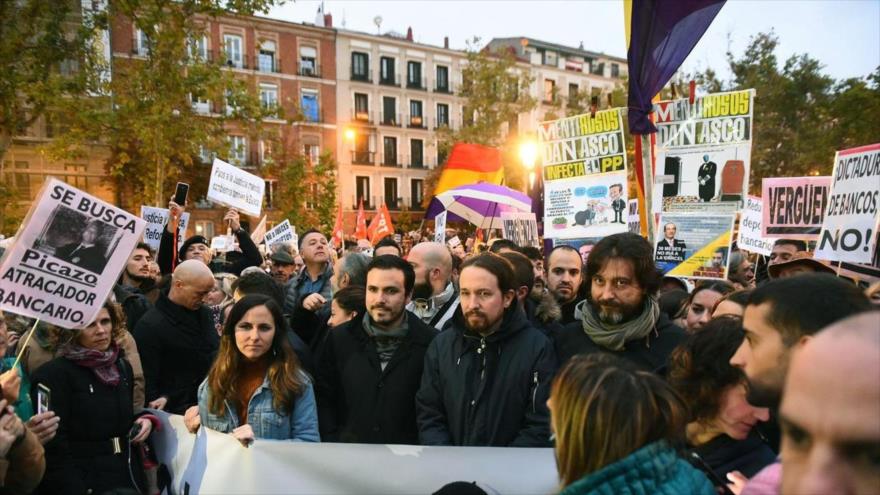 Dirigentes de Unidos Podemos lideran en Madrid (capital) la protesta por el fallo del Tribunal Supremo, 10 de noviembre de 2018. (Foto: ABC).
