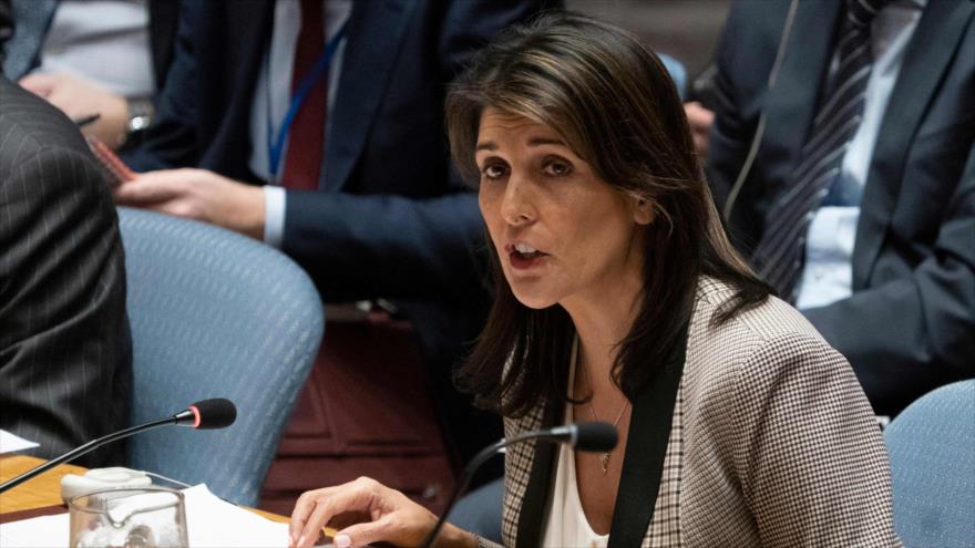 La embajadora de EE.UU. ante la ONU, Nikki Haley, en una reunión del CSNU sobre Ucrania, 26 de noviembre de 2018. (Fuente: AFP)
