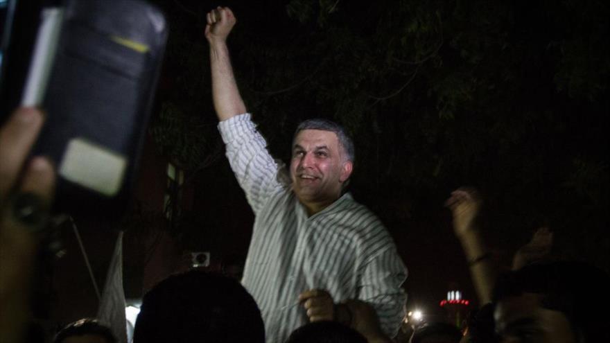 El destacado activista pro derechos humanos bareiní, Nabil Rayab, en su liberación de prisión, mayo de 2014.