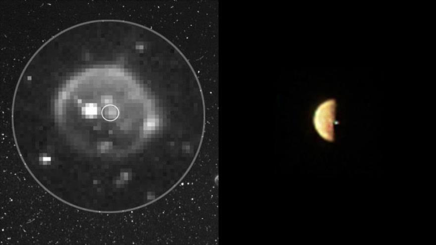 Imágenes captadas por la nave Juno de la NASA muestran una erupción volcánica en curso en la luna Io de Júpiter, 21 de diciembre de 2018.