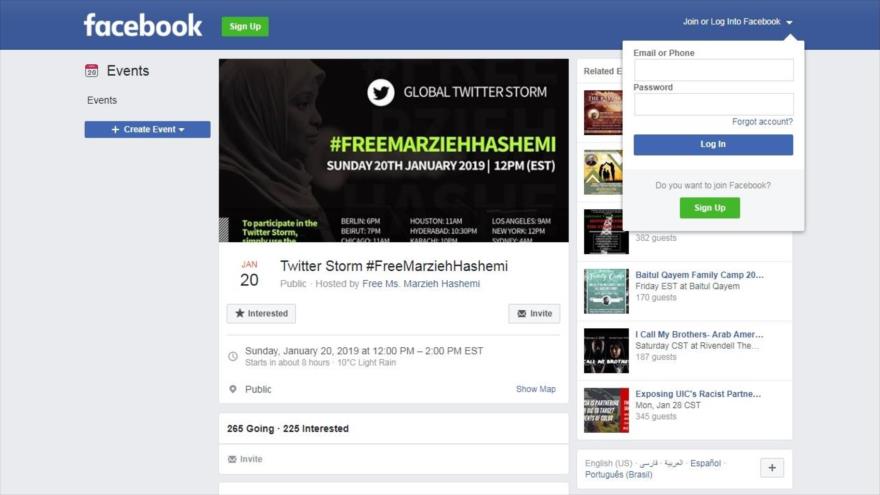 Portal de cuenta de Facebook que pide a usuarios crear una “Tormenta de Twitter” en apoyo a la periodista Marzie Hashemi.
20 de enero de 2019
