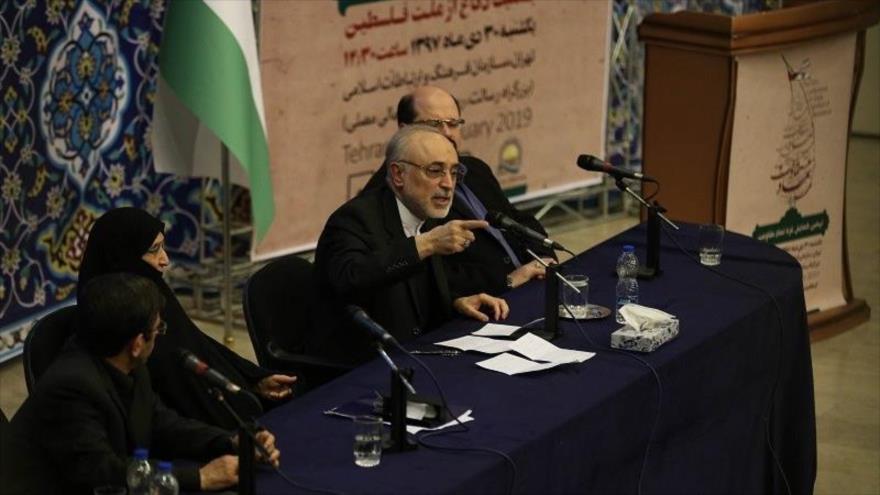 Ali Akbar Salehi, vicepresidente de Irán (c), ofrece un discurso en la Conferencia “Gaza, Símbolo de Resistencia”, celebrada en Teherán, 20 de enero de 2019. (Foto: Qodsna)