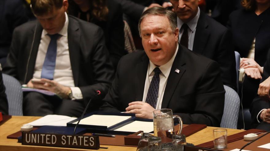 El secretario de Estado de EE.UU., Mike Pompeo, en una sesión de urgencia del CSNU sobre Venezuela, Nueva York, 26 de enero de 2019. (Foto: AFP)