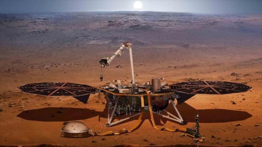Sonda InSight de la NASA en el superficie de Marte.

